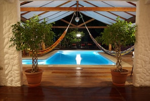 Zona de piscina con una hamaca y dos plantas en macetas.