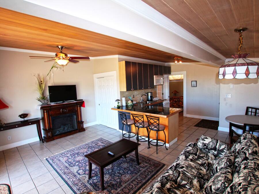 A spacious living area with a sofa, coffee table, and a TV. A kitchen with a bar and seating is visible in the background.