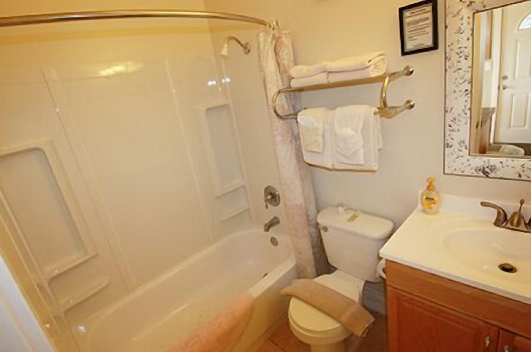 A bathroom with a glass-enclosed shower, a toilet, and a sink with a mirror above it.