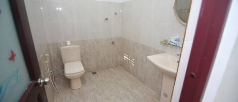 Un baño con inodoro, lavabo y ducha.