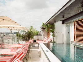 Outdoor pool, pool umbrellas, pool loungers