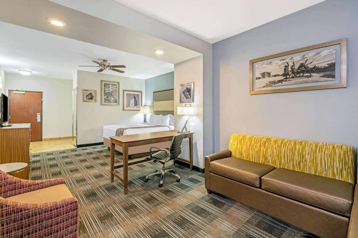 A hotel room with a bed, desk, chair, sofa, and a ceiling fan.