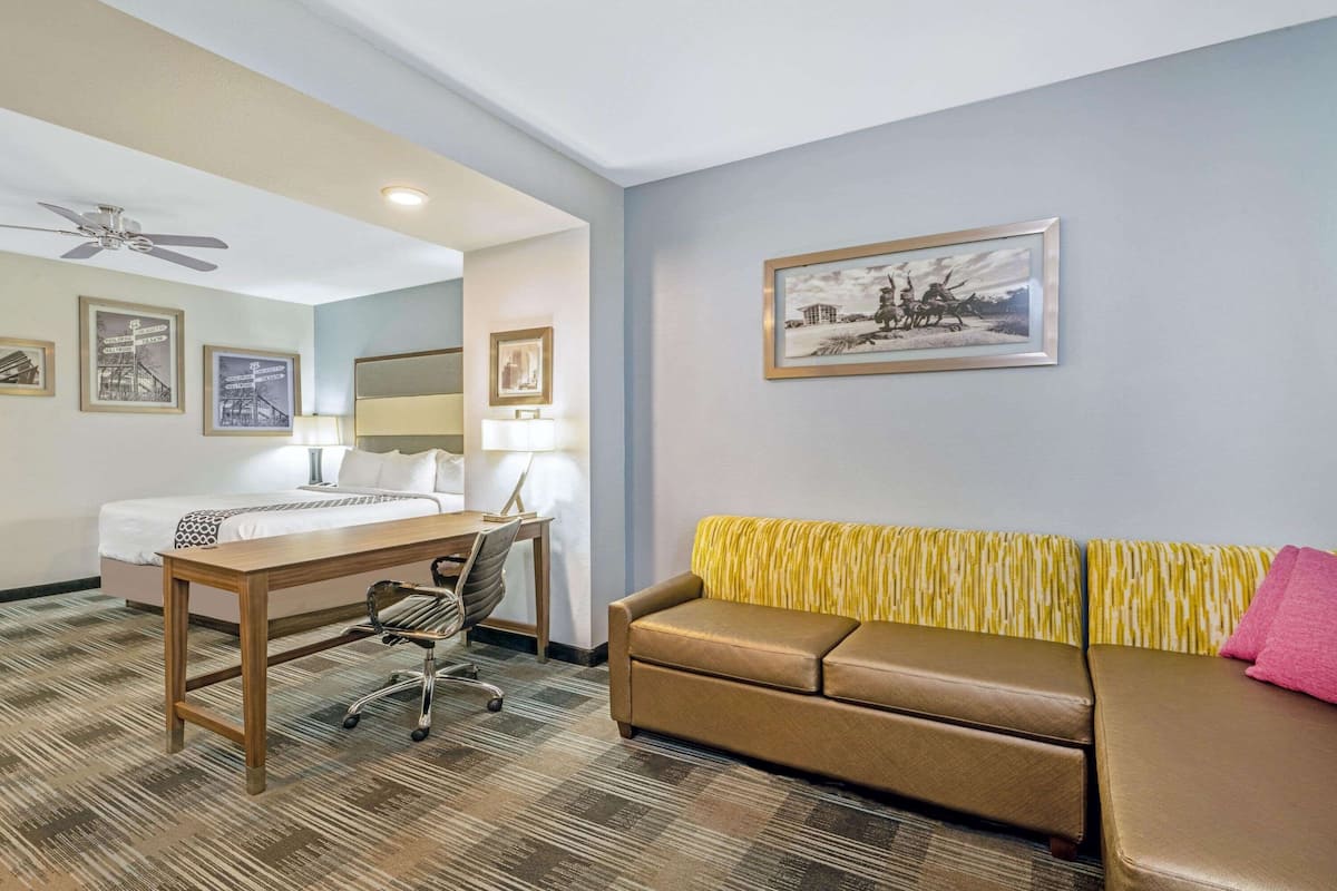 A hotel room with a bed, a desk, a chair, a sofa, and a ceiling fan.