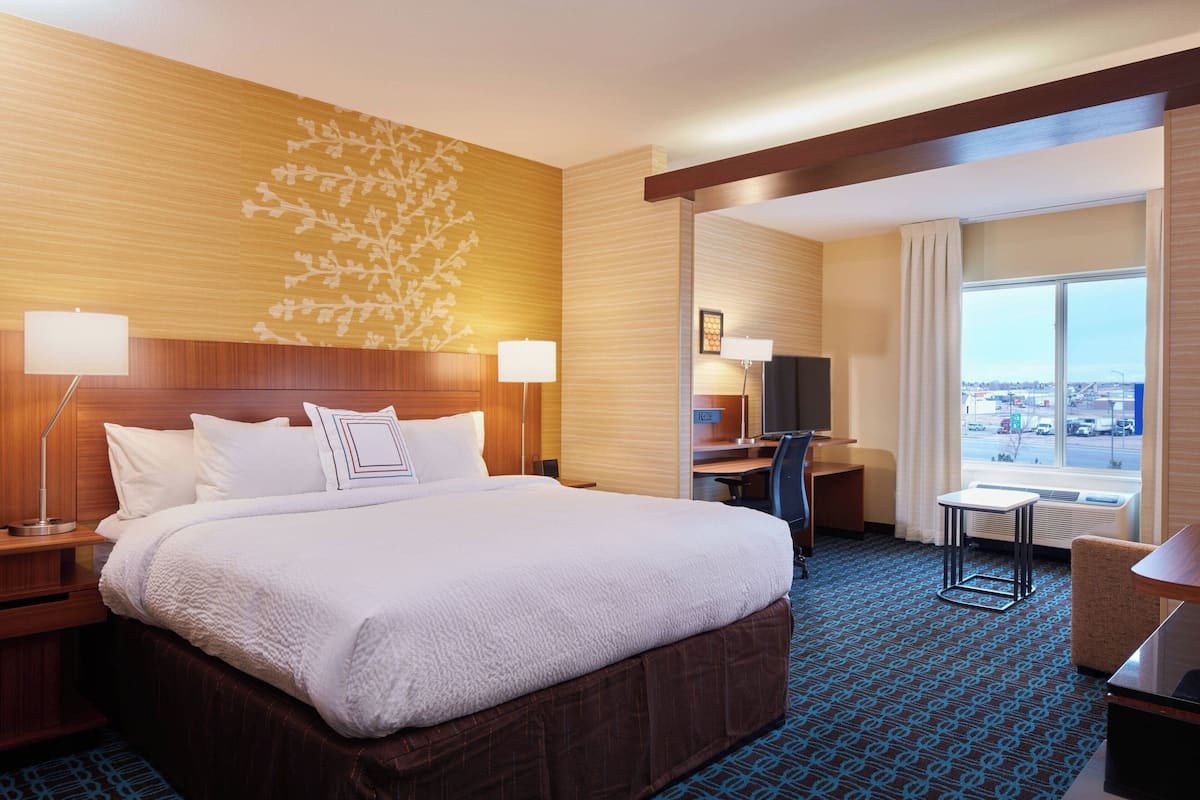 Habitación de hotel con una cama grande, un escritorio, una silla, un televisor y una ventana con vistas a la ciudad.