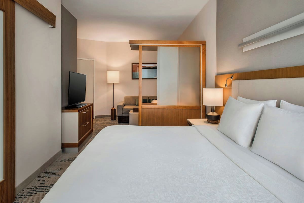 A hotel room with a bed, a TV, a desk, a lamp, and a mirror.