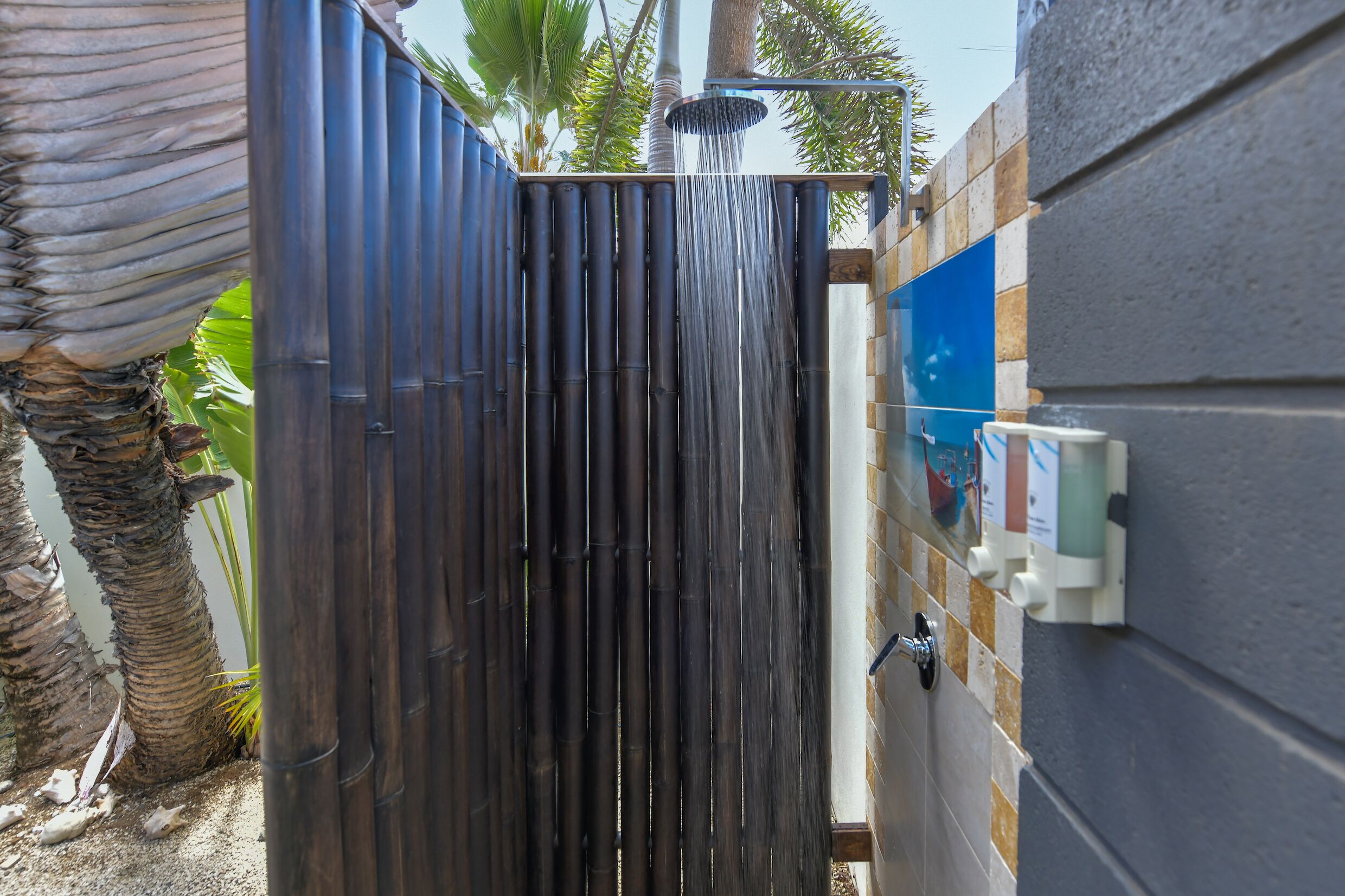 A shower enclosure with a bamboo fence, a wall-mounted control panel, and a palm tree in the background.