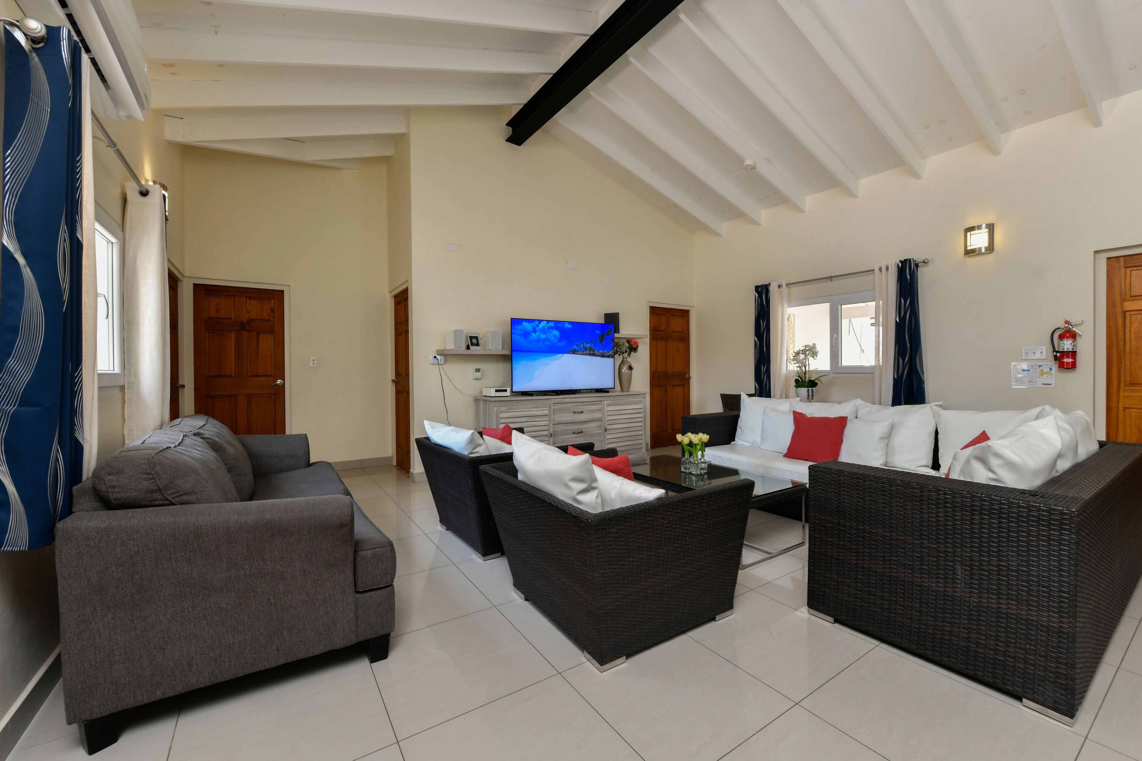 A spacious living area with a grey sofa, a black wicker sofa, and a white sofa with red cushions. A flat-screen TV is mounted on the wall, and there is a small table with a vase of flowers.