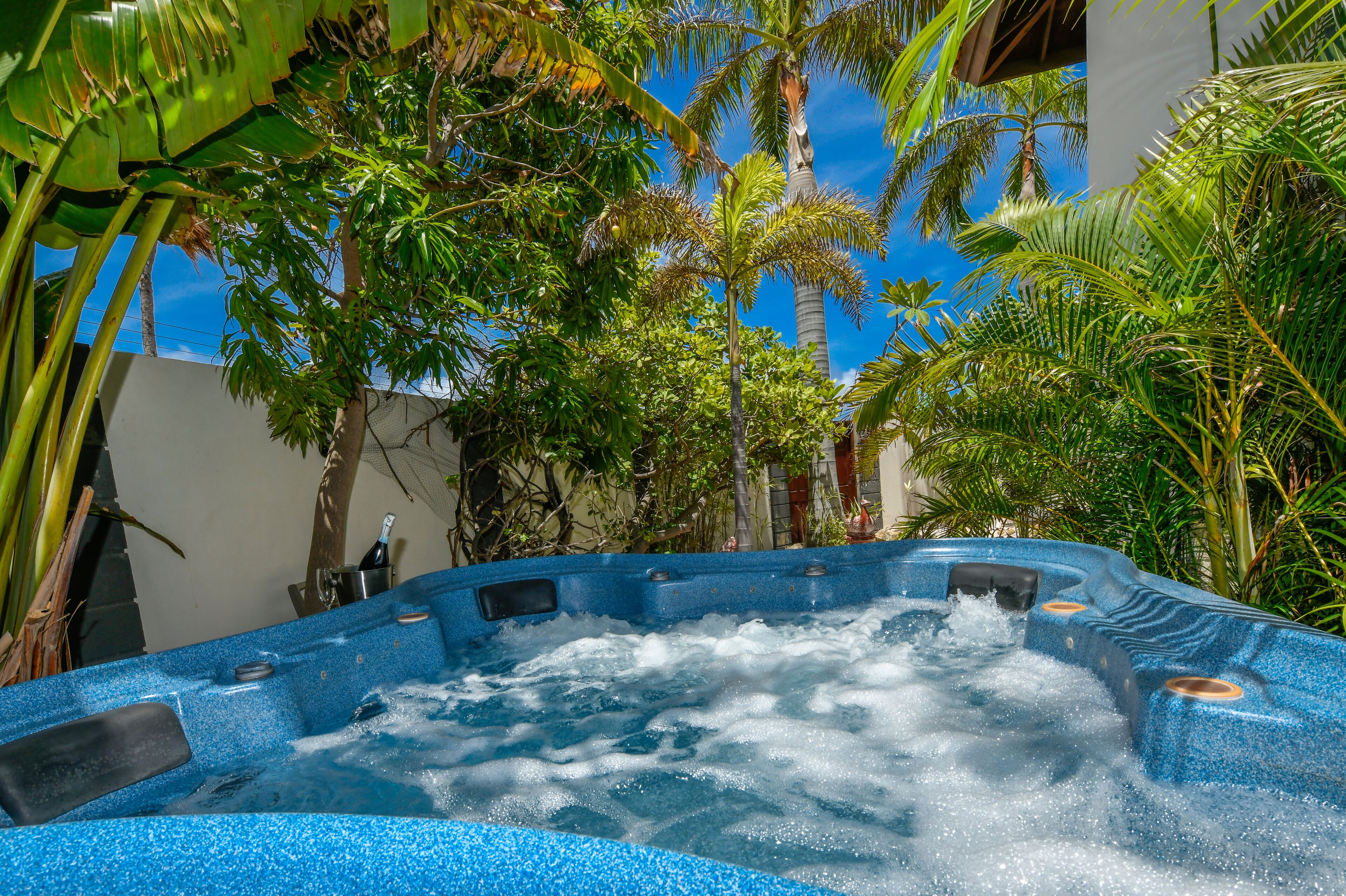 Een jacuzzi omringd door weelderige tropische planten en een heldere blauwe lucht.