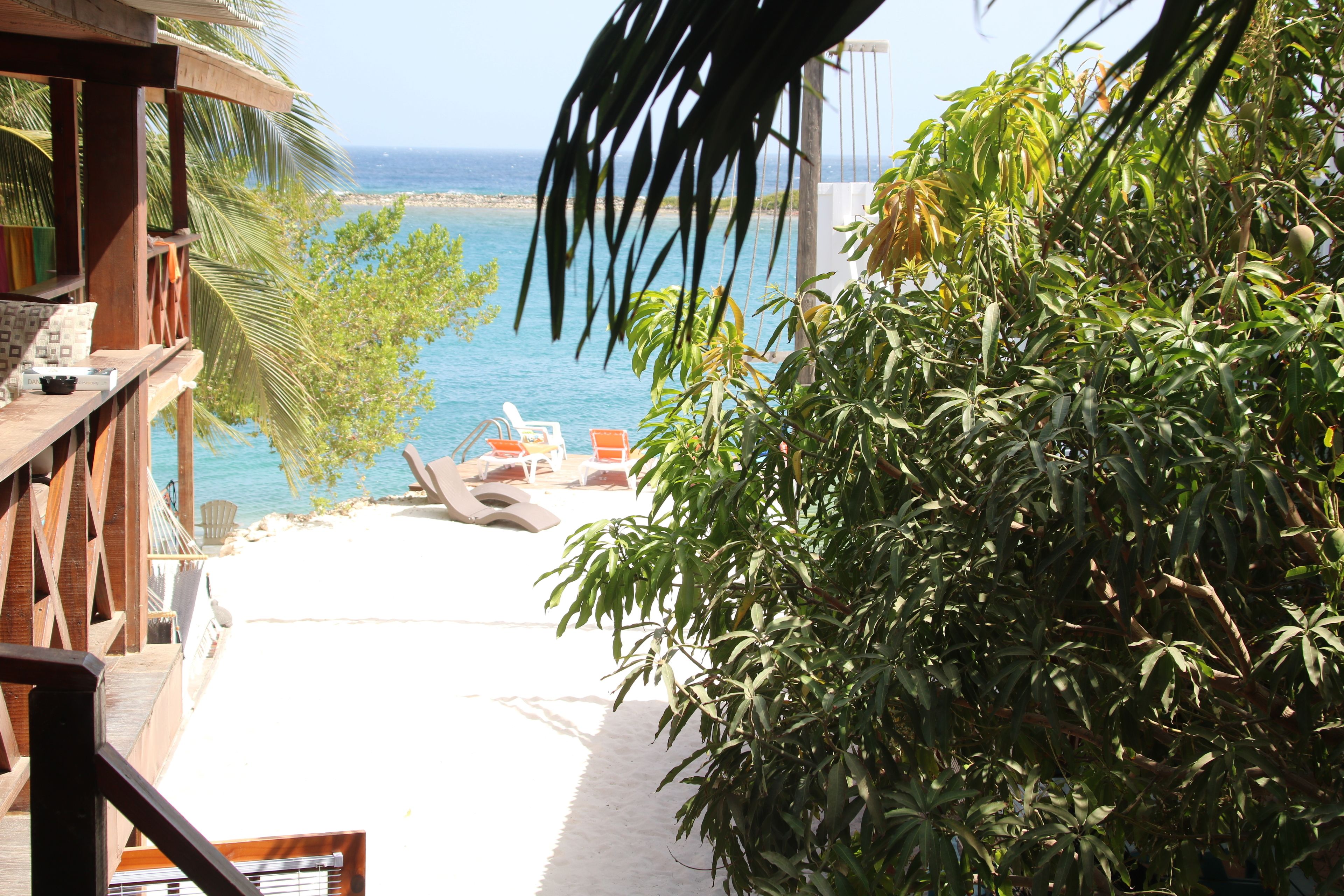 A wooden deck with a view of the sea, a lounge area with chairs, and lush greenery.