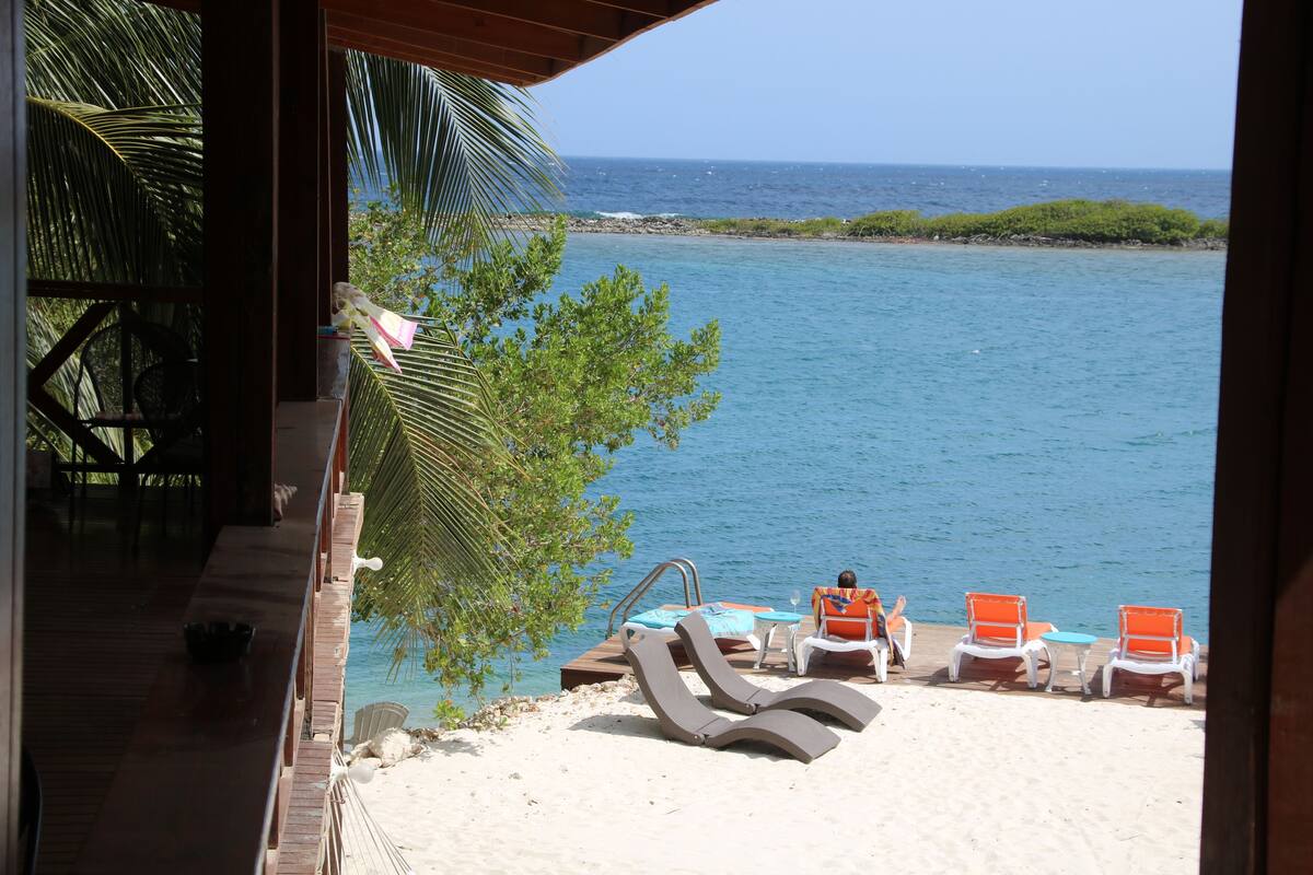 Vista de la playa con sillones de descanso, piscina y el océano al fondo.