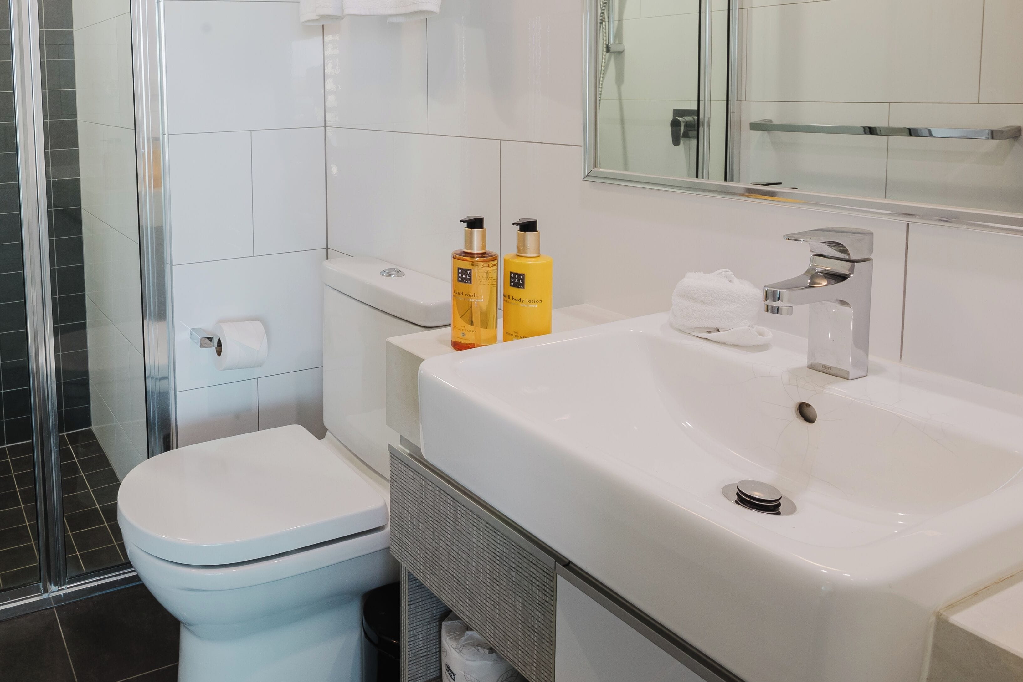 shower, free toiletries, hair dryer, towels