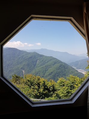 Une vue à travers une fenêtre hexagonale sur un paysage montagneux, avec une végétation luxuriante et une rivière.