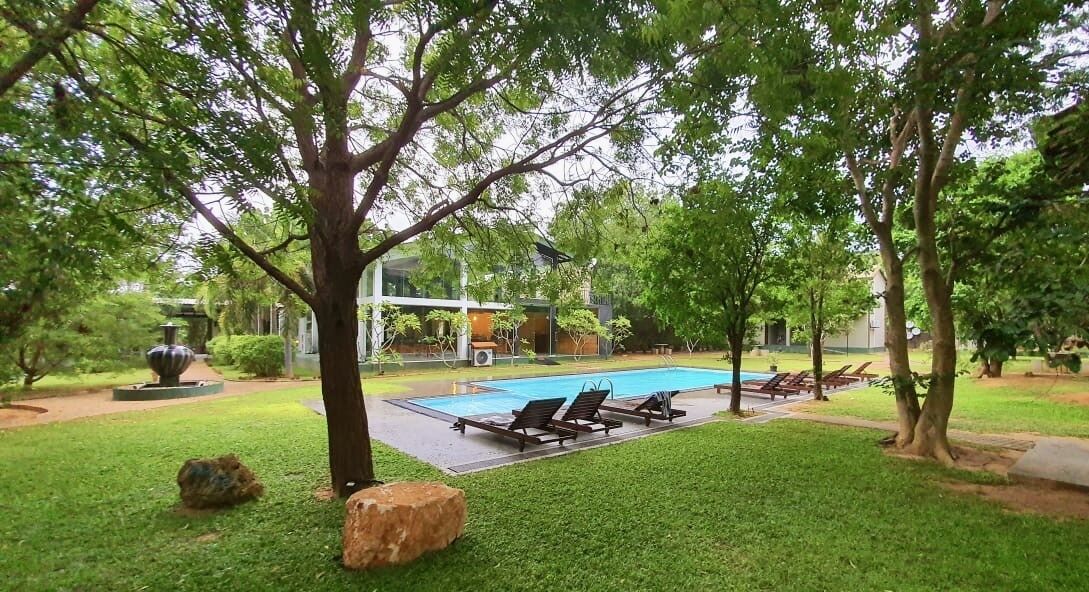 A swimming pool with lounge chairs, surrounded by trees and a grassy area.