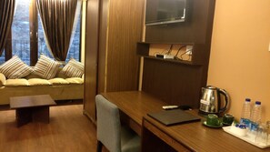 Premium bedding, down duvets, desk, laptop workspace