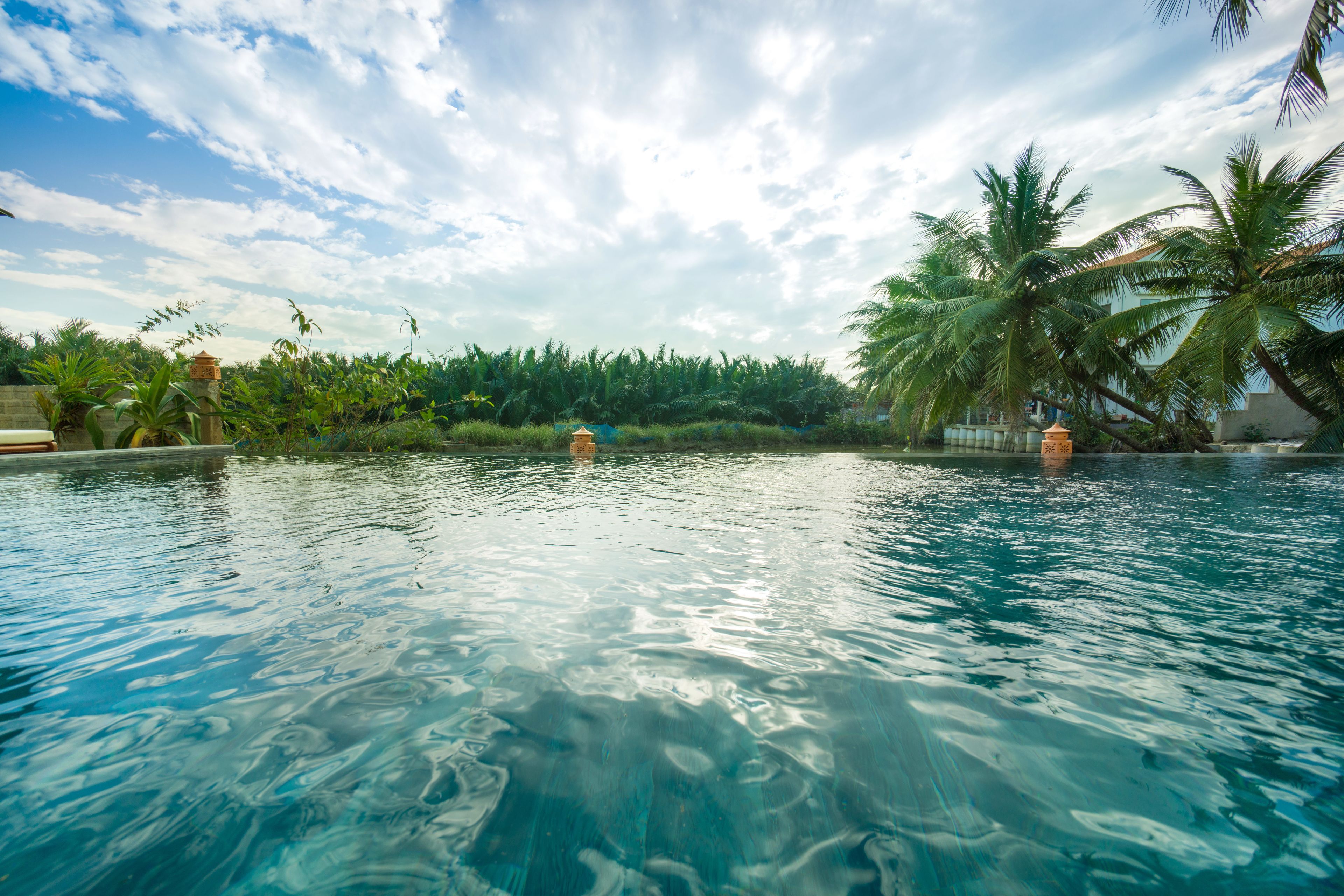 Outdoor pool, an infinity pool, pool loungers