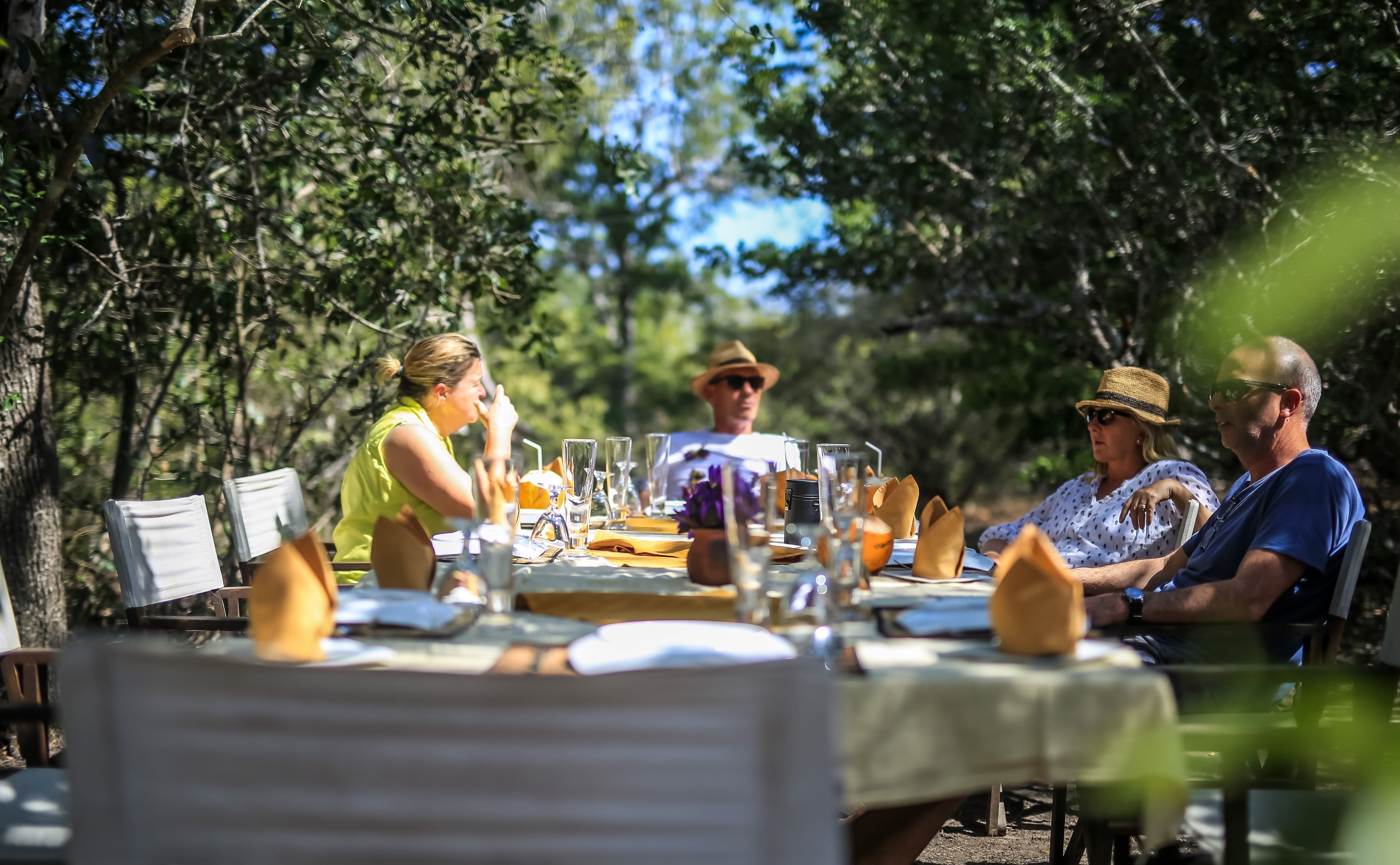 A group of people dining outdoors at a table set with various dishes and drinks.