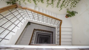 A staircase with a wooden handrail, white walls, and hanging green plants. - Asia Pacific Hotel (Dhaka)
