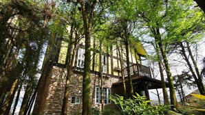 A stone building with a balcony, surrounded by trees. - Provence Rose Lodge in Ching Jing (Ren'ai)
