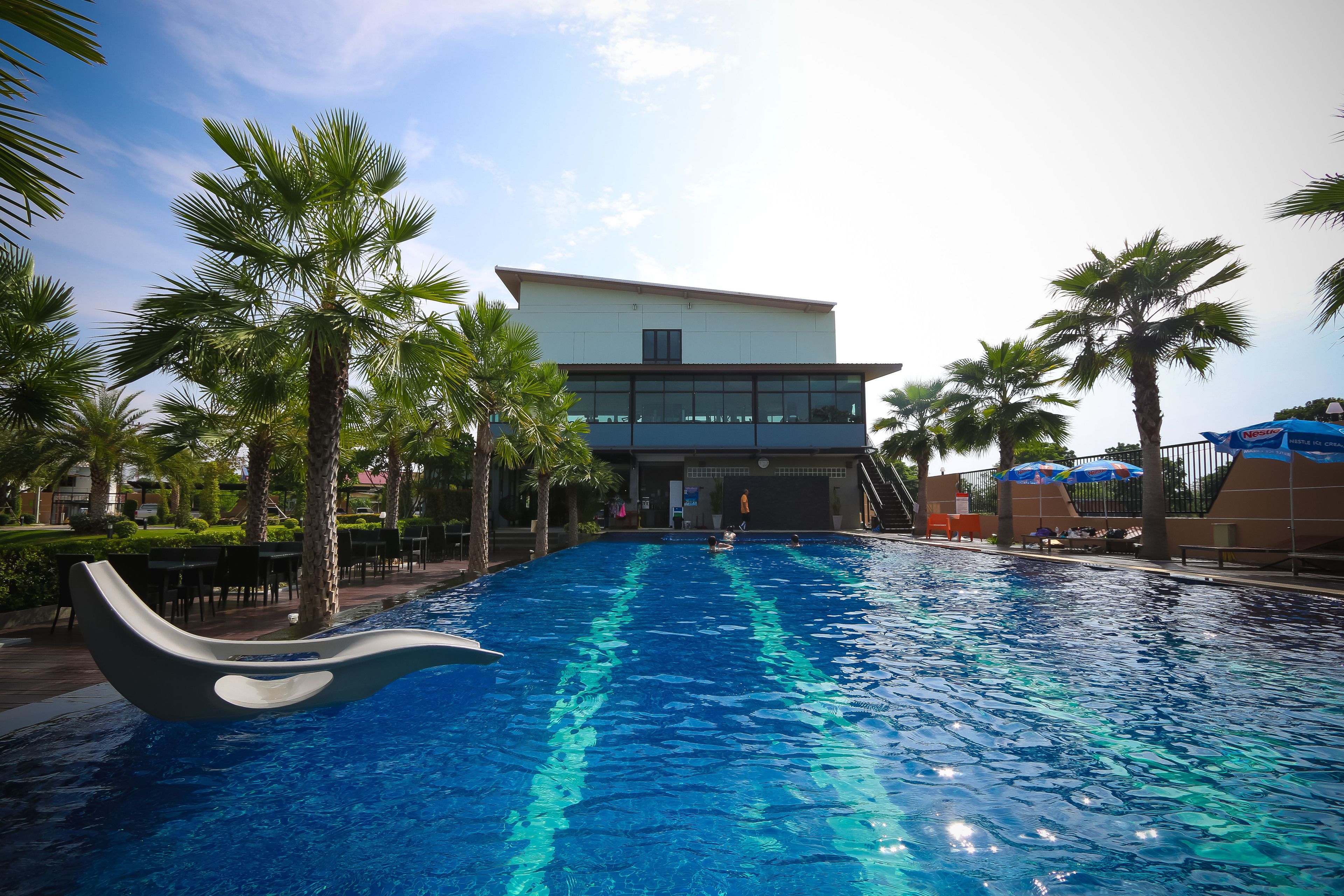 A swimming pool with a modern design, surrounded by palm trees and a building with a flat roof.