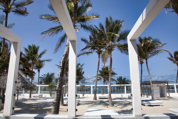 Un resort frente a la playa, con palmeras, sillas blancas de descanso y una vista despejada del océano.
