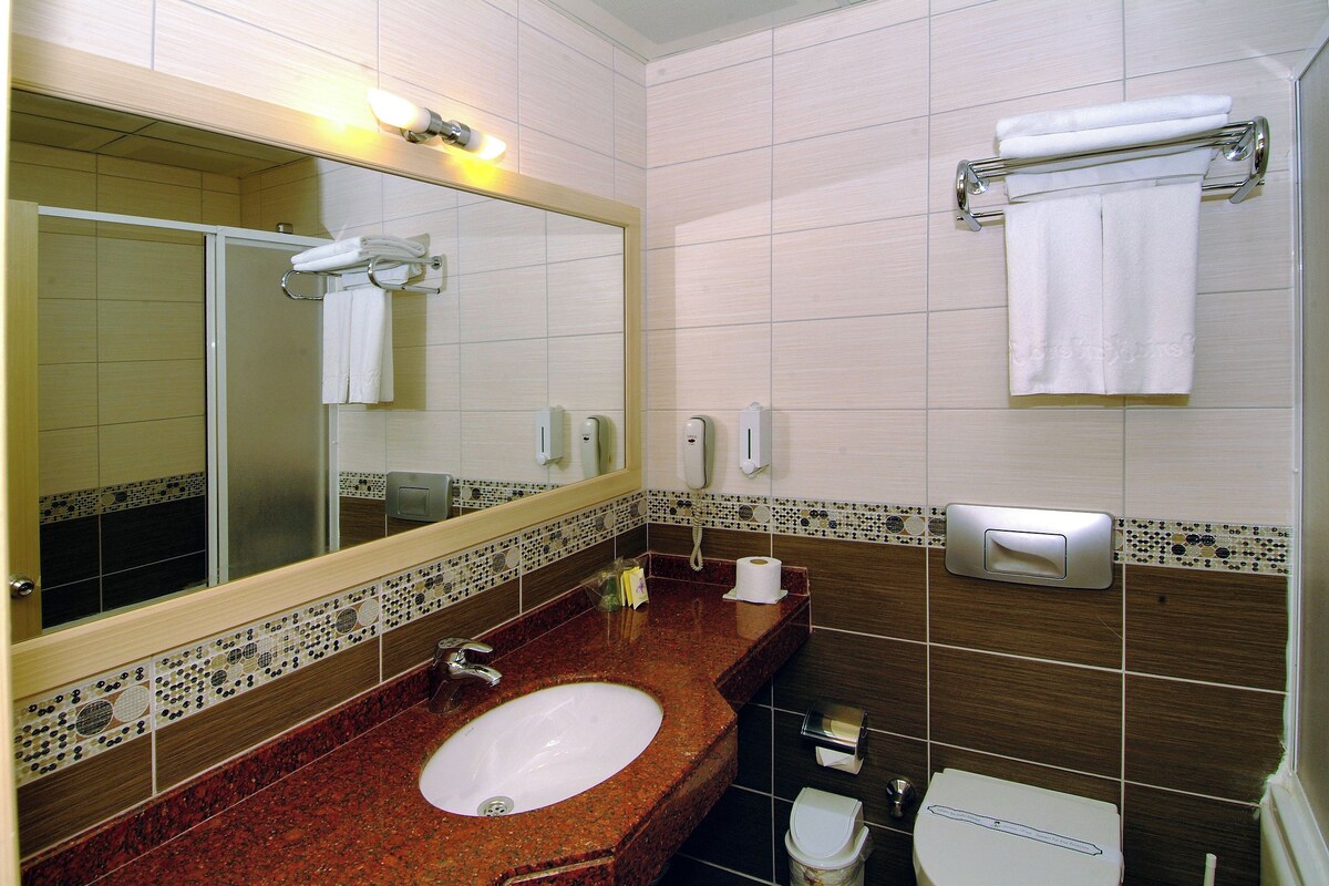 A bathroom with a marble sink, a large mirror, a toilet, and a towel rack.