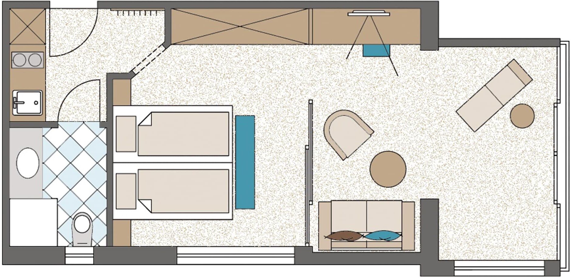 A floor plan of a hotel room with a kitchenette, two beds, a seating area with a table and chairs, and a small bathroom.