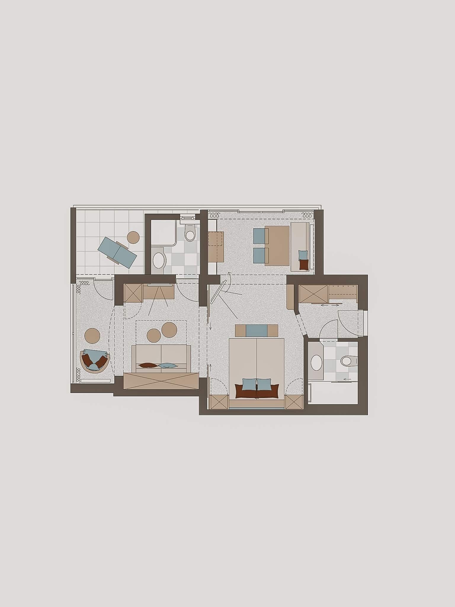 Un plan d’étage d’une chambre d’hôtel comprenant un lit, un bureau, une chaise, une petite table et une salle de bain.
