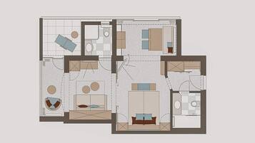 Plano de planta de una habitación de hotel con cama, escritorio, silla, mesita y baño.