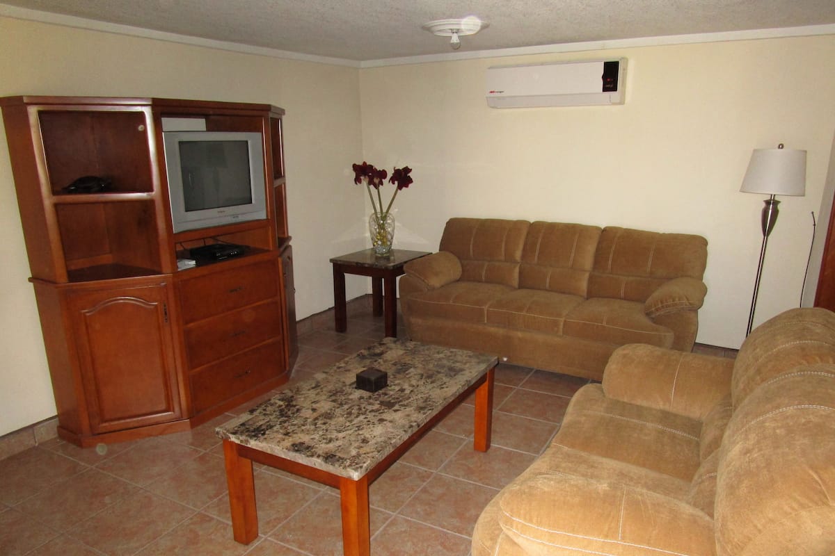 Una sala de estar con un mueble de madera, un televisor, un sofá, una mesita de centro y un florero con flores.