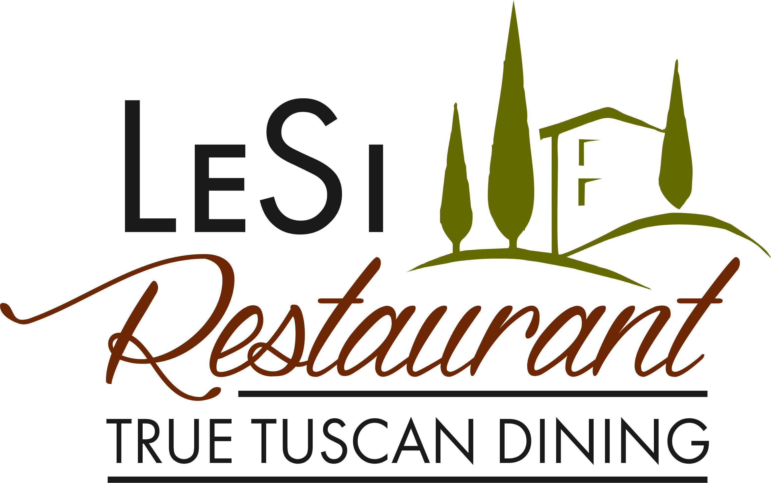 A logo for LESI Restaurant with a stylized representation of a building and trees.