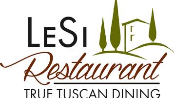 A logo for LESI Restaurant with a stylized representation of a building and trees.