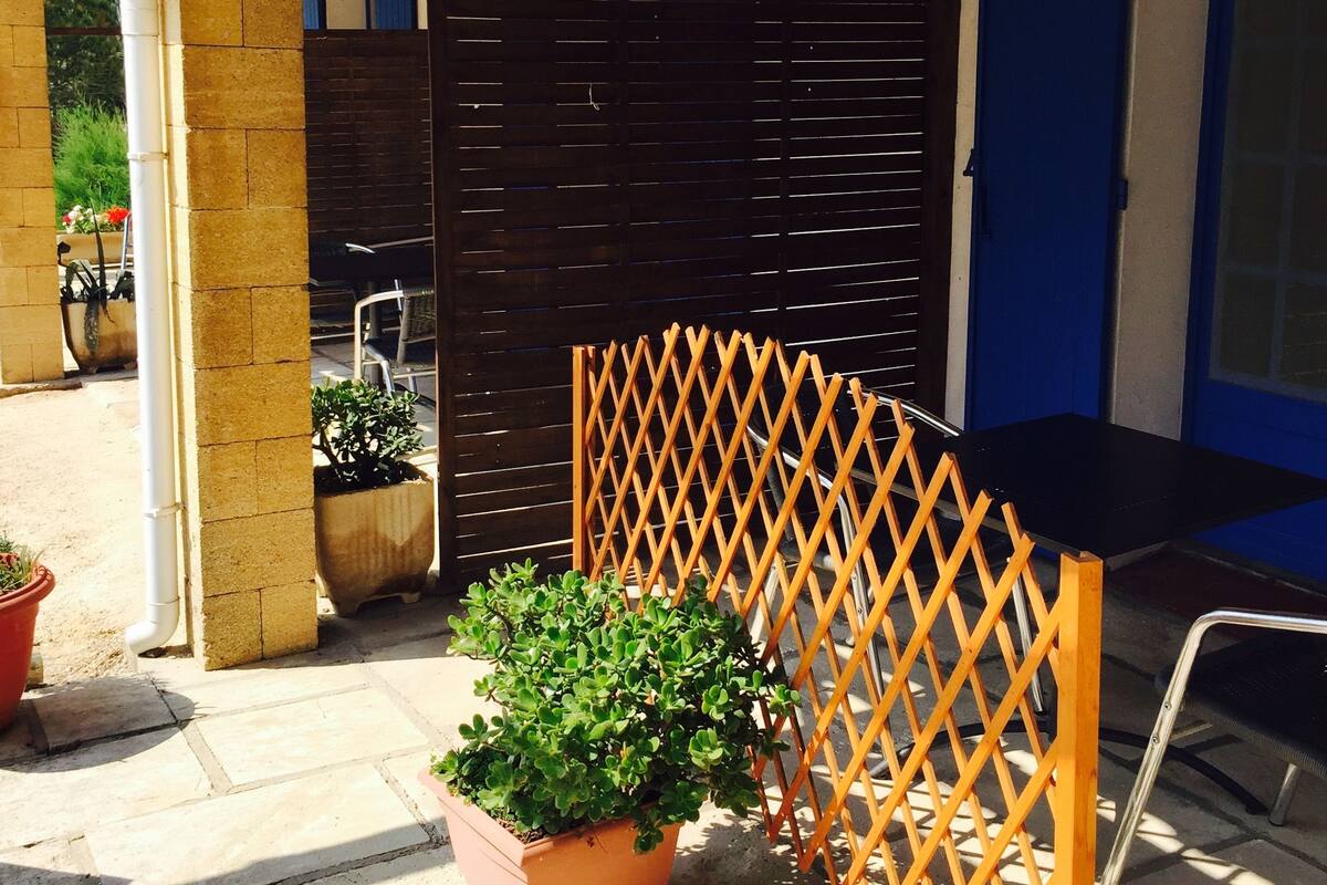 Een terras met een houten schutting, een bloempot en een zwarte tafel.