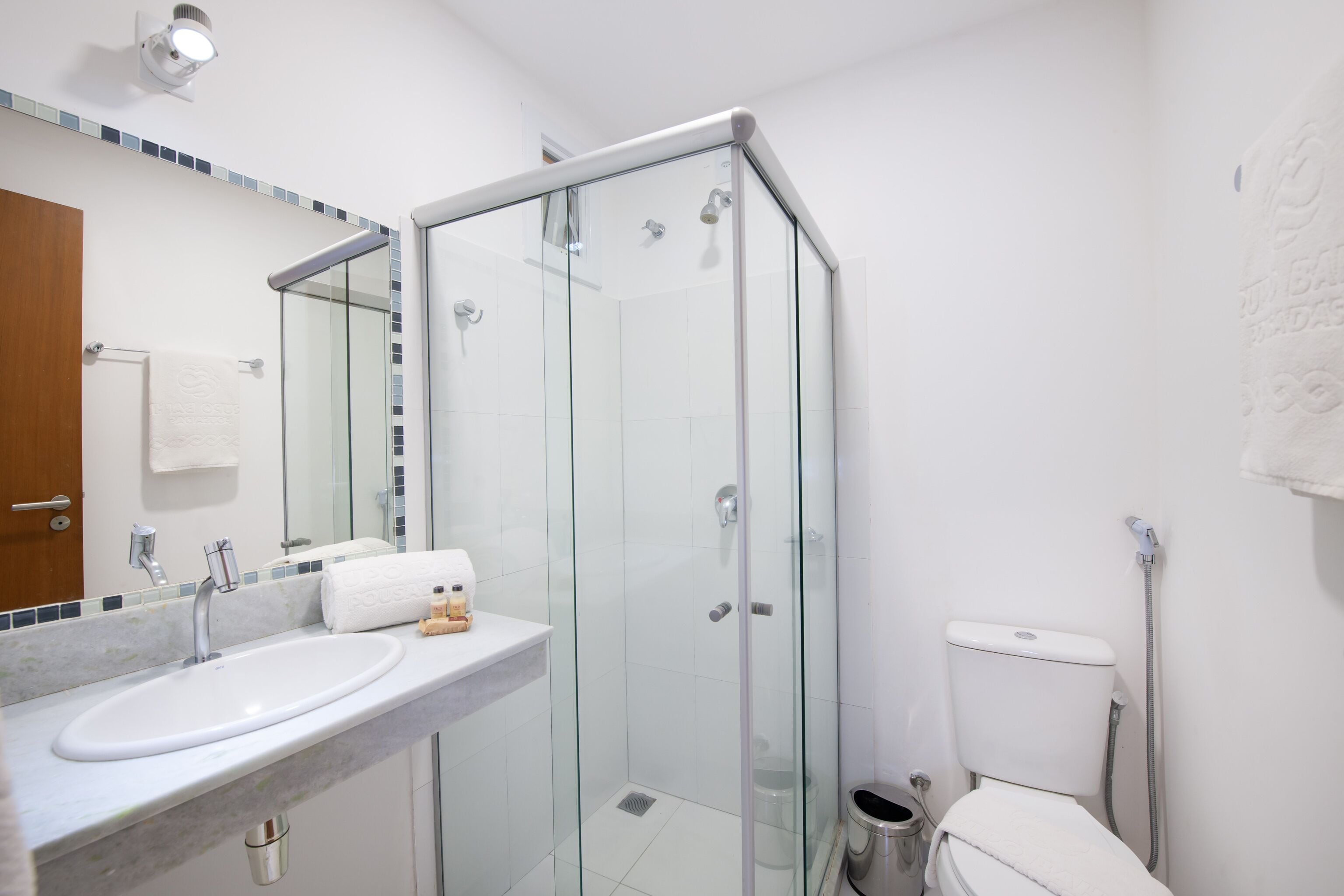 A modern bathroom with a glass-enclosed shower, a white sink, and a toilet.