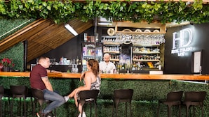 A bar area with a green wall, bar stools, and a counter with a bartender.