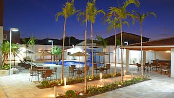 Outdoor pool, pool umbrellas, pool loungers
