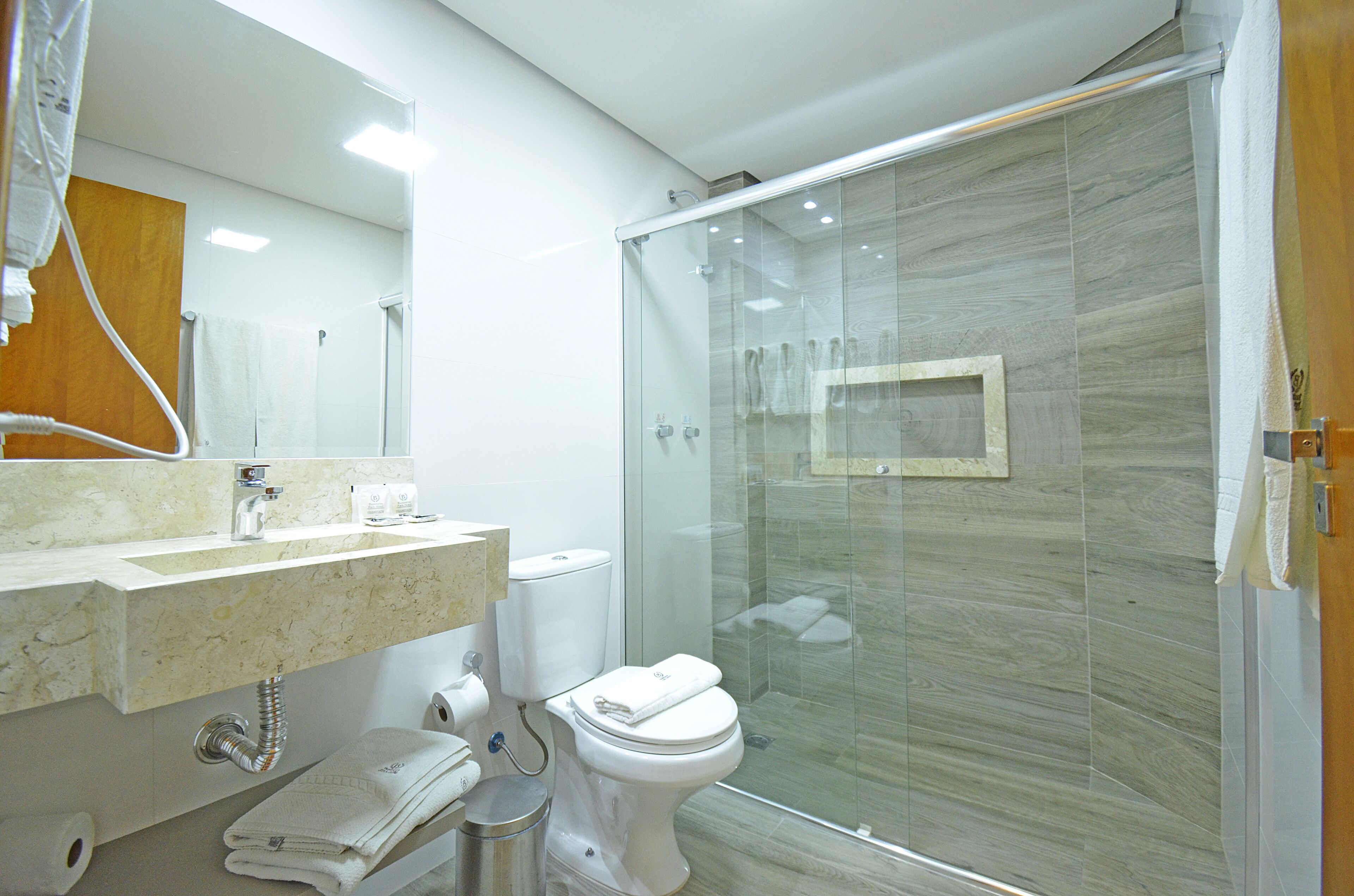A modern bathroom with a glass-enclosed shower, a marble sink, and a toilet.