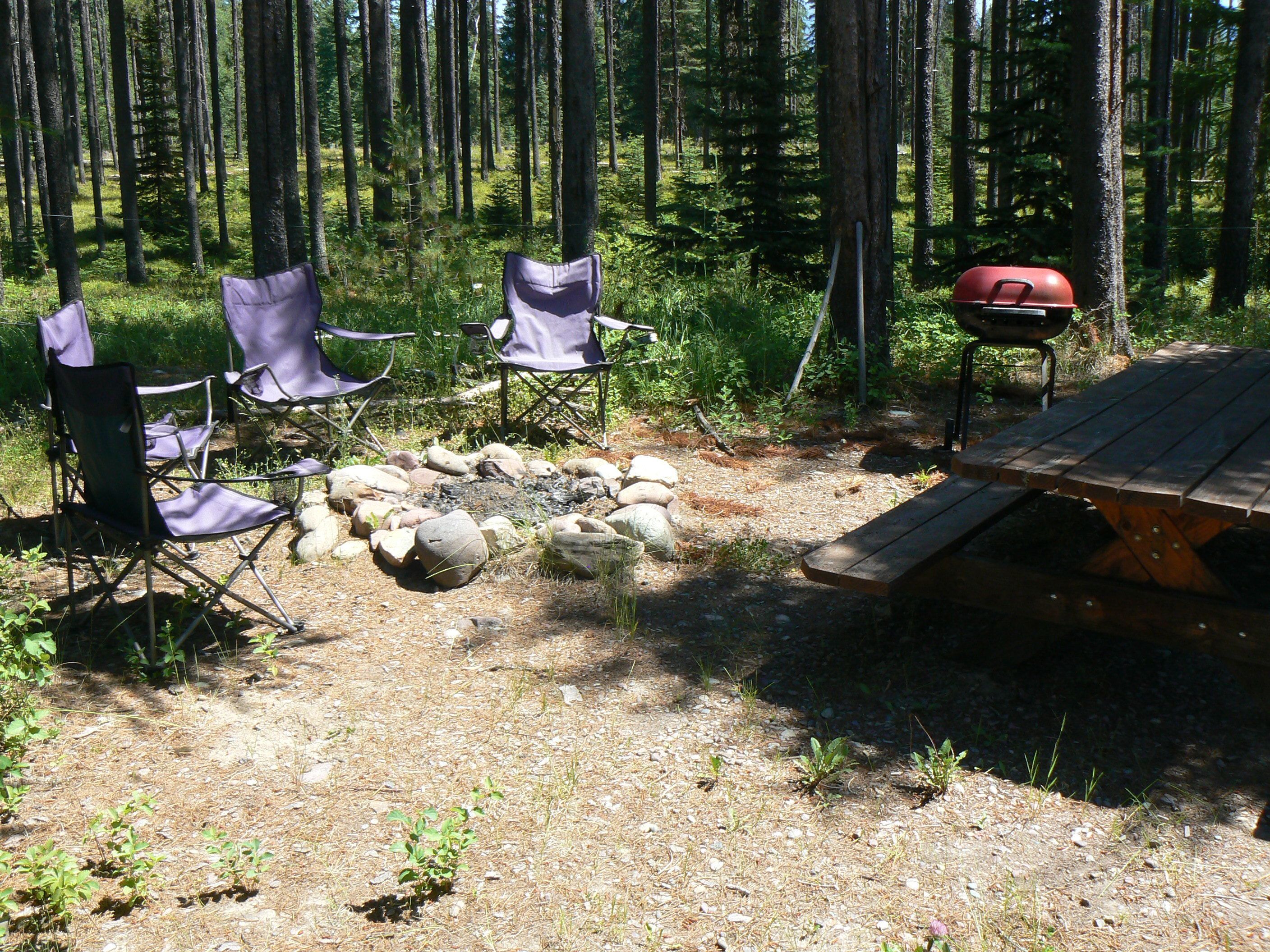 An outdoor camping area with a grill, chairs, and a picnic table.