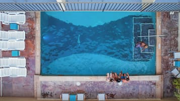 Outdoor pool, open 8:00 AM to 8:00 PM, sun loungers