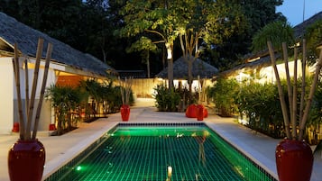 Outdoor pool, pool umbrellas, pool loungers