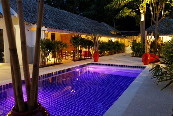 Outdoor pool, pool umbrellas, pool loungers