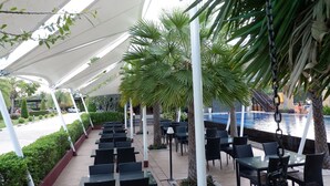 Un espacio al aire libre con mesas y sillas, palmeras y una piscina al fondo.