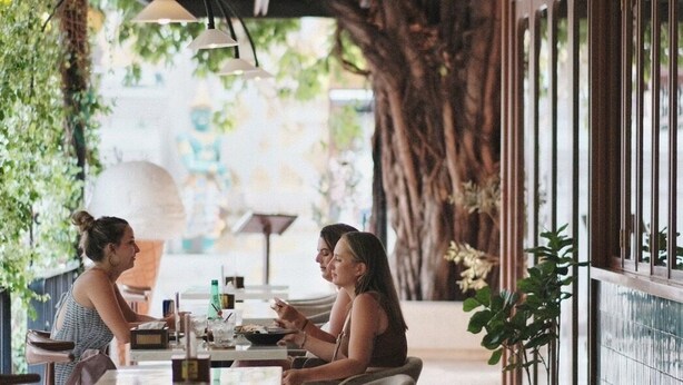 Un comedor interior moderno con mesas y sillas de madera, ventanas amplias y plantas de interior.