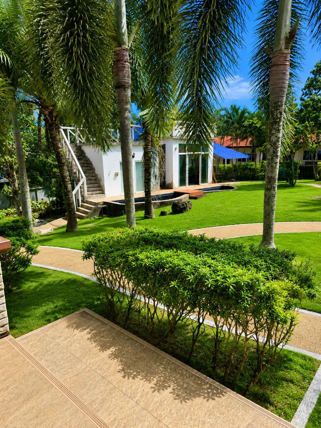 A well-maintained garden with palm trees, a lawn, and a building with a staircase.