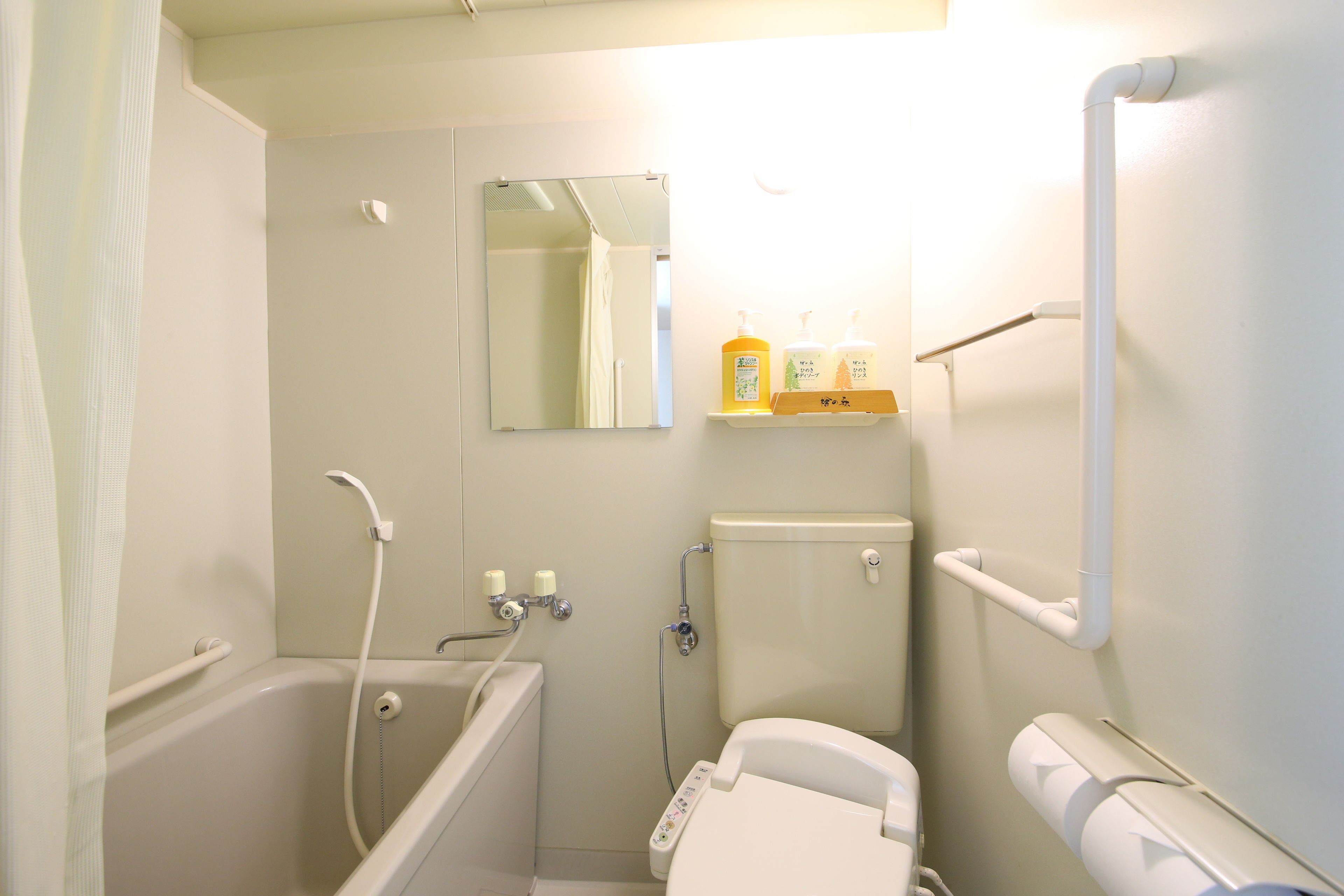 Une salle de bain avec une baignoire, des toilettes et une douche. Il y a deux bouteilles de savon sur une étagère.