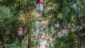 Un sentier bordé de plantes en pot et illuminé de lanternes suspendues, dans un environnement luxuriant et verdoyant.