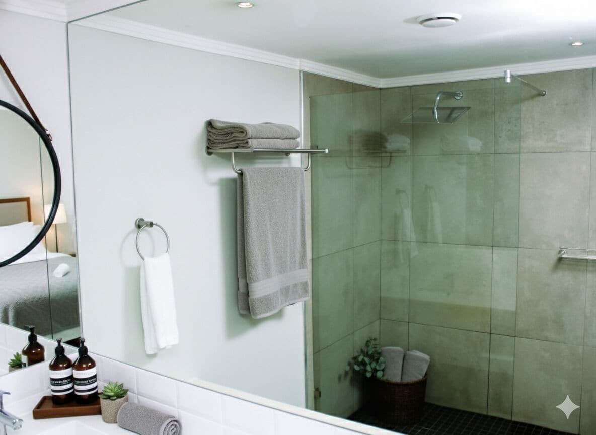 Une salle de bain moderne avec une douche à l’italienne en verre, un lavabo blanc avec un miroir et des serviettes soigneusement rangées.