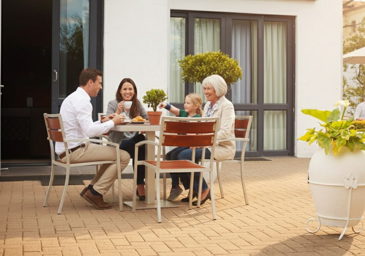 A family dining at an outdoor table with chairs and potted plants.