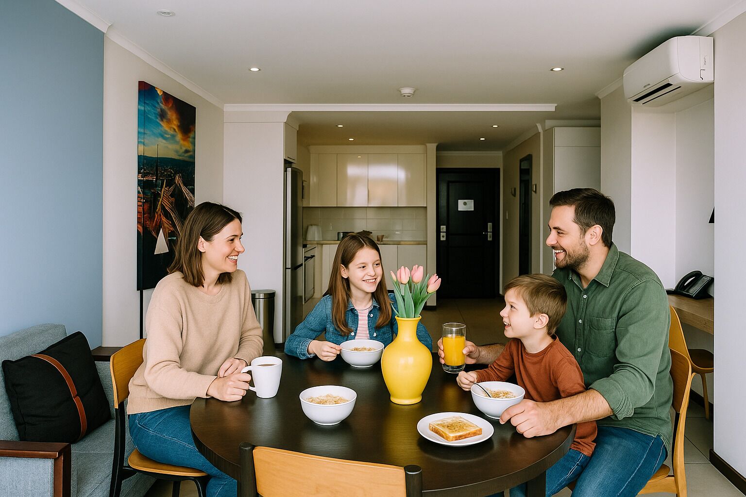 Una familia cenando en una mesa redonda con un jarrón de tulipanes, tazones de cereal y un vaso de zumo de naranja.