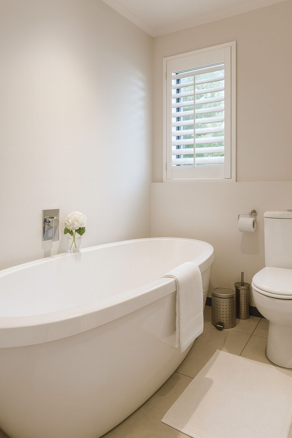 Un baño moderno con una bañera independiente, un inodoro, una ventana con persianas y un cubo de basura.