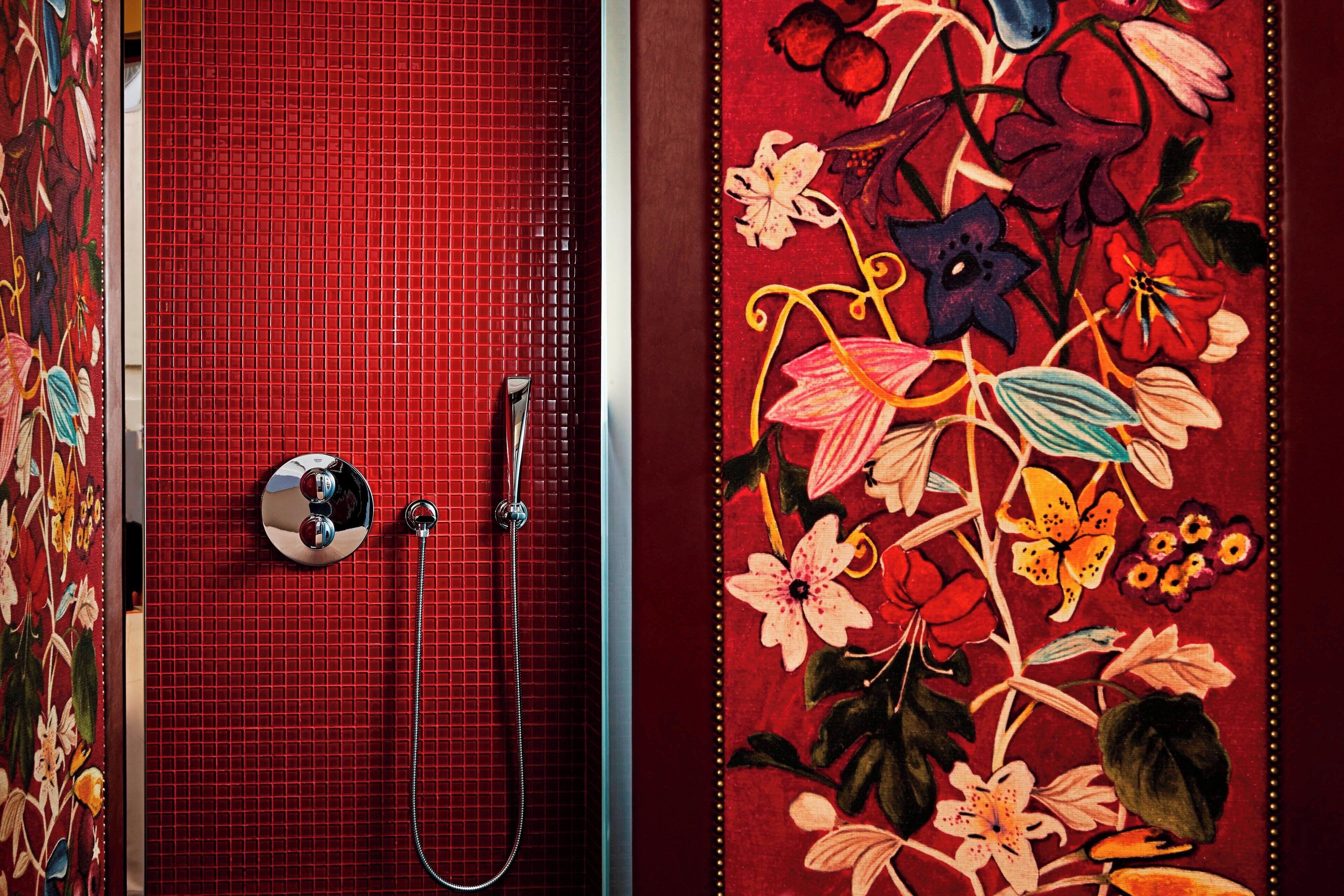 designer toiletries, hair dryer, bathrobes, slippers